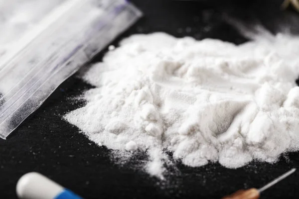 Una Gran Cantidad Polvo Blanco Drogas Bolsa Plástico Espacio Para — Foto de Stock
