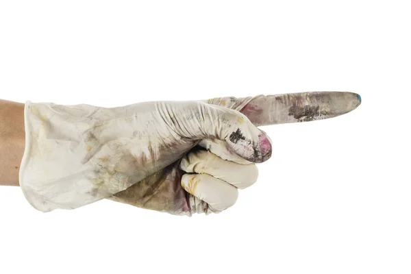 Die Hand Zeigt Mit Dem Zeigefinger Einen Schmutzigen Gummihandschuh Isoliert — Stockfoto