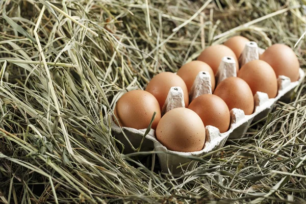 Fresh Chicken Eggs Straw Cardboard Tray Rustic Backgroun — Stock Photo, Image