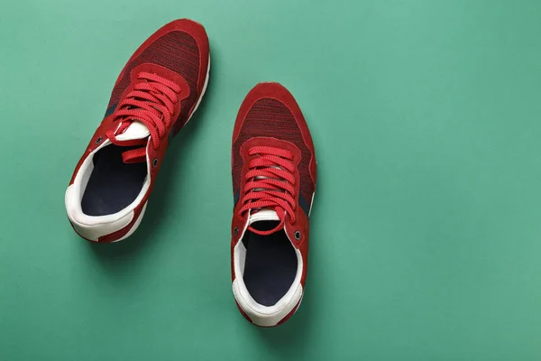 Men New Red Sneakers Bright Contrasting Background Space Tex — Stock Photo, Image