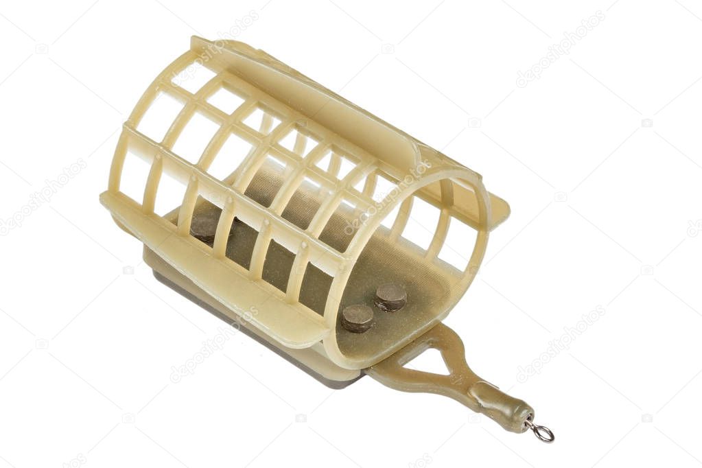 Fishing equipment. brown feeder fishing flat on a white background.File contains clipping path