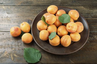 Masada yakın çekim bir plaka lezzetli olgun kayısı. 