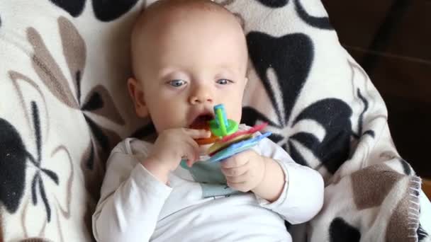 Bebé niño mordisquea un juguete o sonajero . — Vídeos de Stock