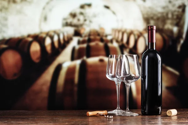 Una copa y una botella de vino en la bodega — Foto de Stock