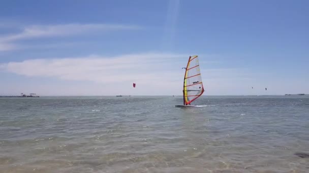 Man rider en bräda med ett segel på havet — Stockvideo