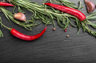 Siyah bir arka planda bitkilerle acı biber. metin için yer