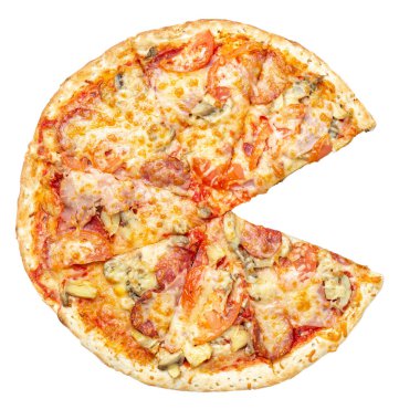 Peynirli pizza, domates, mantar, beyaz arka planda izole edilmiş pastırma. Pizza Francesca Top View. Dosya kırpma yolu içeriyor.