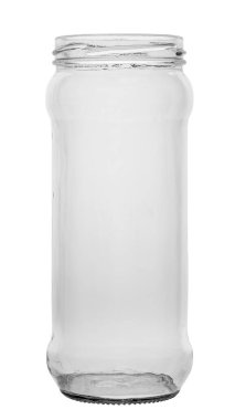 Kapağı olmayan boş cam kavanoz beyaz arka planda izole edilmiş. Dosya kırpma yolu içeriyor.