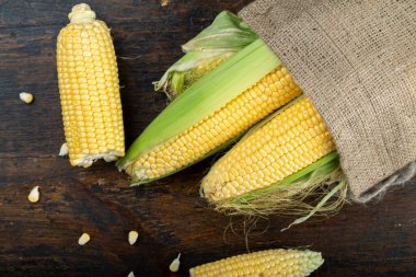 Tahta bir arka planda, çuval bezi içinde bir mısır koçanı. Kahverengi bir masada çiğ mısır hasadı
