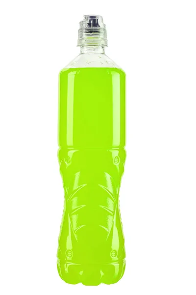 Gekleurde Drank Een Plastic Fles Schadelijke Koolzuurhoudende Dranken Geïsoleerd Witte — Stockfoto