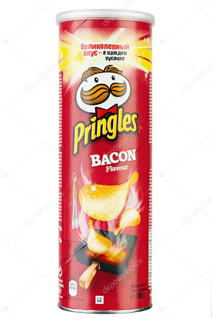 Ukraine, Kyiv - July 14, 2020:  Pringles Bacon pack isolated on white background. Insulated packaging for catalog. File contains clipping path.