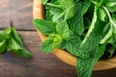 Ahşap masada yeşil taze nane. Seçici odak.