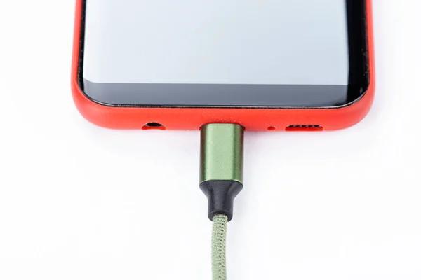 Smartphone Connects Charger Usb Cable Білому Тлі — стокове фото