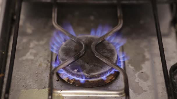 The gas burner burns with a blue flame. — Stock Video