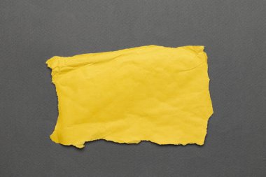 Gri arka planda gerçek kağıt sarısı kırıntıları. Üst görünüm