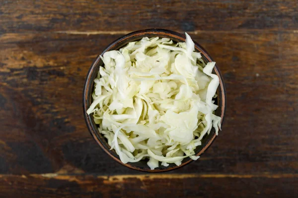 Chopped Cabbage Bowl Wooden Background Vegetable Ingredient Staple Food Healthy — Stock Photo, Image