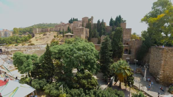 Veduta Panoramica Del Teatro Romano Dell Alcazaba Castello Arabo Palacio — Video Stock