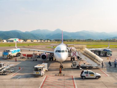 Bergamo, İtalya. Mayıs 29018 civarı. Düşük maliyetli bir havayolu uçağından inen yolcular