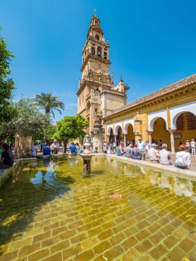 Cordoba, İspanya. Mayıs 2018. Cami-Katedral 'in yanındaki portakal bahçesi Patio de los naranjos' u ziyaret eden turistler. Torre del campanarios (Çan kulesi) arka planda.