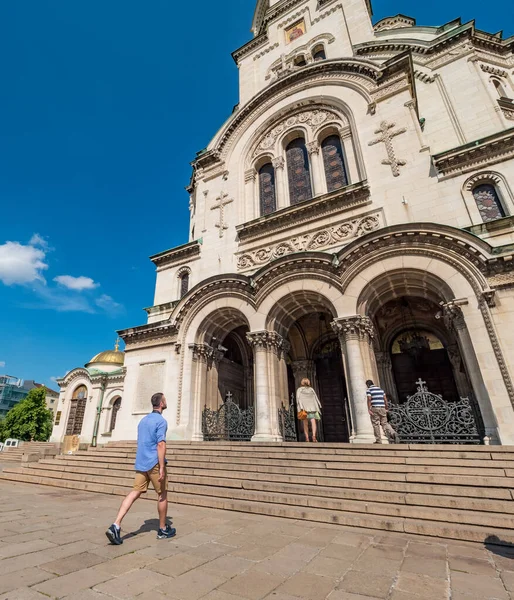 Young Caucasian Man Map Visiting Alexander Nevsky Cathedral Sofia Bulgaria — Stock Photo, Image