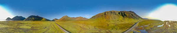 360 Stopni Islandzki Krajobraz Lotniczy 360 Panorama Góry Vestrahorn Słoneczny — Zdjęcie stockowe