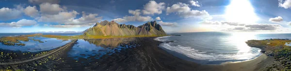 Epic Aerial Drone View Flying Landscape Black Sand Beach Stokksnes — ストック写真