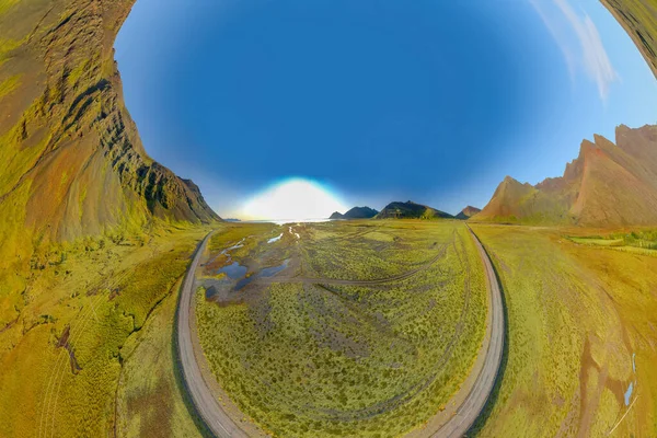 Icelandic Aerial Landscape Viking Village Stokksnes Distorted Projection Environment Map — Stock Photo, Image