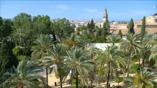 Flygfoto från Alcazares de los reyes och Torre del campanario (klocktorn) i bakgrunden i Cordoba, Spanien. — Stockvideo