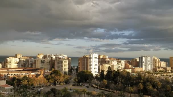 Panorama Pohled Přístav Malaga Španělsko Při Západu Slunce — Stock video