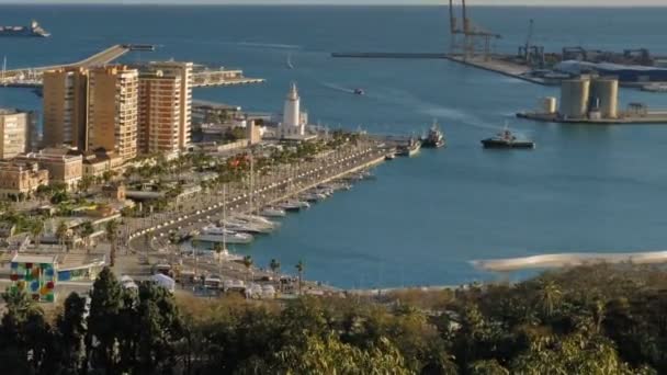 Spanya Nın Malaga Limanının Gün Batımındaki Görüntüsü — Stok video