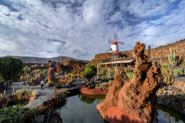 Lanzarote, İspanya. Şubat 2019 civarı. Lanzarote 'deki tropik kaktüs bahçesi mimar Cesar Manrique tarafından yapılmıştır.