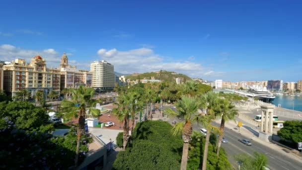 西班牙马拉加历史中心的空中景观 Plaza Marina Gibraltar Alfaro Cathedral Park Background — 图库视频影像