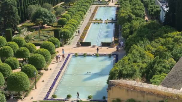 Flygfoto över trädgårdarna i Alcazares de los reyes i Cordoba, Spanien. — Stockvideo