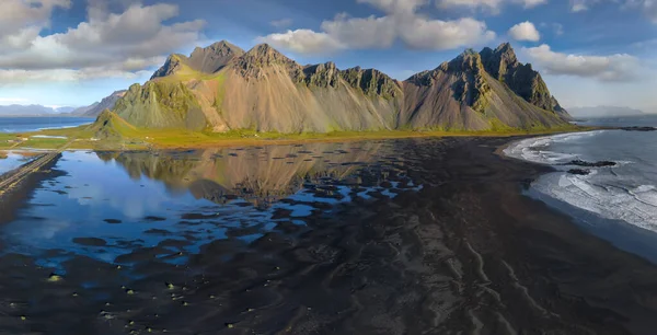 Epic Aerial Drone View Flying Landscape Black Sand Beach Stoksnes — стоковое фото