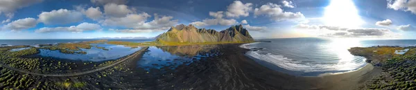 Epic Aerial Drone View Flying Landscape Black Sand Beach Stokksnes — Stock Photo, Image