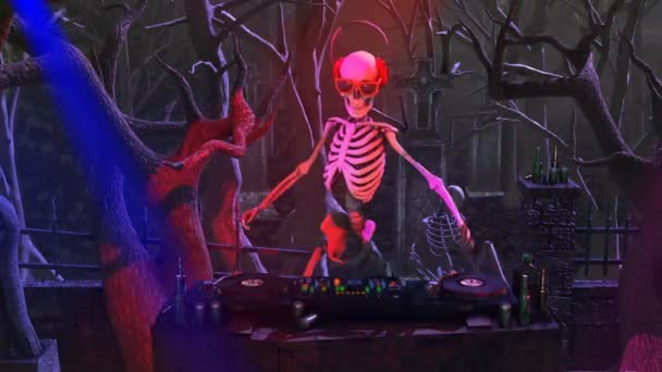 Animación Sin Fisuras Esqueleto Dijing Con Tocadiscos Cementerio Por Noche — Vídeo de stock