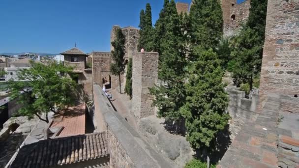 Turista Visitando Castillo Árabe Día Soleado Málaga España — Vídeos de Stock