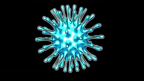 Coronavirus hastalığı COVID-19 enfeksiyonunun retropop çizgi filmi animasyonu. Komik yarım tonda tıbbi illüstrasyon patojeni alfa kanalı ile izole edilmiş komik bir biçime dönüştürüyor. — Stok video