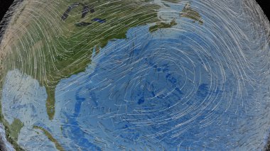 Graphic representation of winds on the surface over the  Atlantic ocean and North America. Elements of this image furnished by NASA clipart