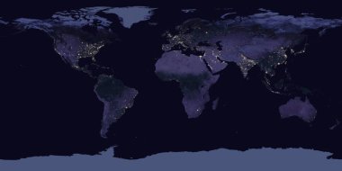 Şehrin ışıklarıyla Dünya 'nın gece tarafının dikdörtgen projeksiyon haritası. Bu görüntünün elementleri NASA tarafından desteklenmektedir