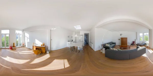 Gleicheckiges Nahtloses Panorama Eines Minimalistisch Stilvollen Hellen Hauses Mit Holzboden — Stockfoto