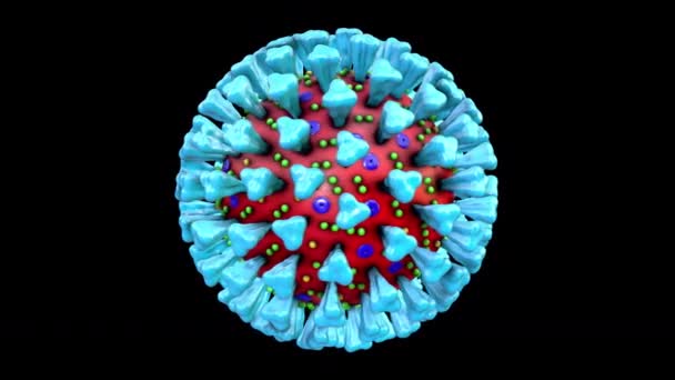 Animación electrónica del microscopio de la enfermedad por Coronavirus Infección por COVID-19.Ilustración médica detallada en 3D del ARN, proteínas, elementos y partes de la estructura del virus covid de la gripe respiratoria patógeno aislado con canal alfa — Vídeo de stock