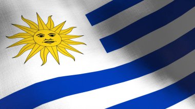 Uruguay bayrağı sallıyor. Kusursuz cgi animasyonu sinematik yavaş çekimde oldukça detaylı kumaş dokusu. Ülke sembolünün ya da hükümet konseptinin vatansever 3 boyutlu arka planı. Spor yarışması arkaplanı.