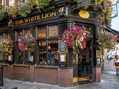 Londra, Birleşik Krallık. Ocak 2019 civarı. Güneşli bir günde, Londra 'nın batısındaki Covent Garden' da geleneksel bir İngiliz barının cephesi.