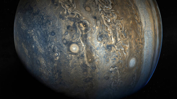 View of Jupiter, the fifth planet of the Solar System, with stars . Elements of this image furnished by NASA. Science fiction wallpaper.