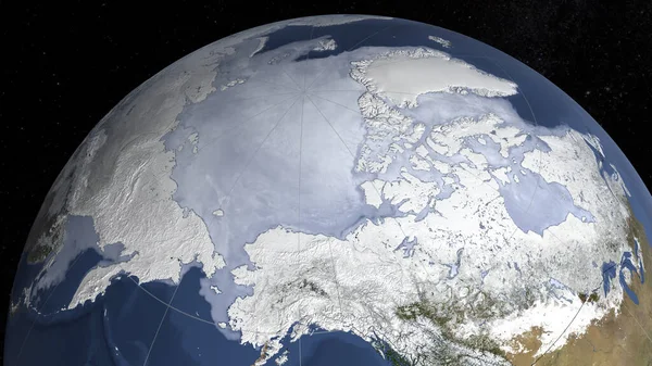 Satellite image of the sea ice maximum extent in the north hemisphere. Elements of this images furnished by NASA/Goddard Space Flight Center Scientific Visualization Studio