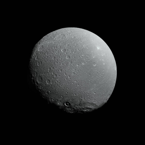 View of Dione, one of the moons of Saturn. Elements of this image furnished by NASA.