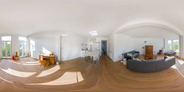 Equirectangular Naadloos Panorama Van Een Minimale Stijlvolle Lichte Huis Met — Stockfoto