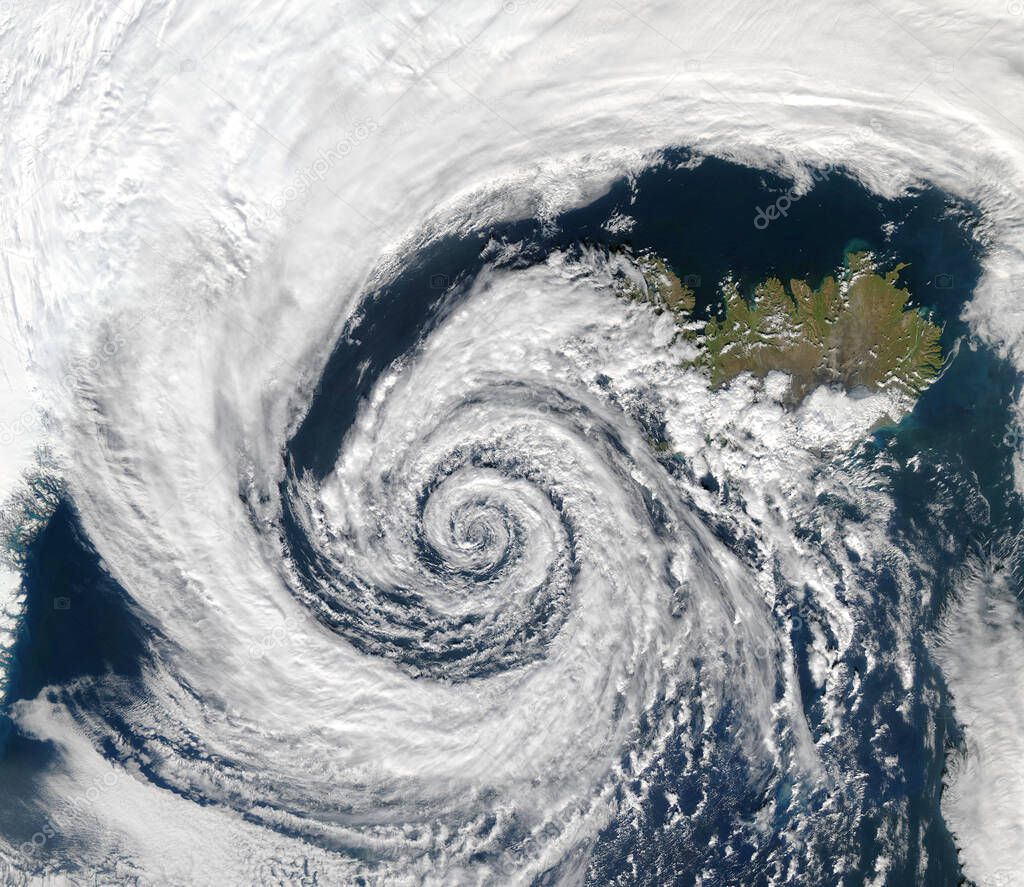 Satellite View a storm over Iceland.  Elements of this image furnished by Nasa.