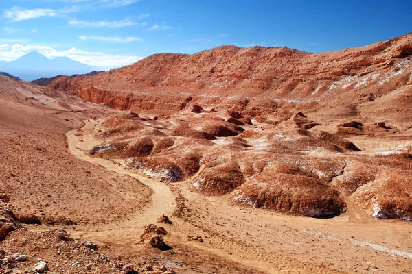 Pouštní krajina v měsíčním údolí nedaleko San Pedro de Atacama, v severní části Chile, proti modré obloze pokryté mraky. — Stock fotografie